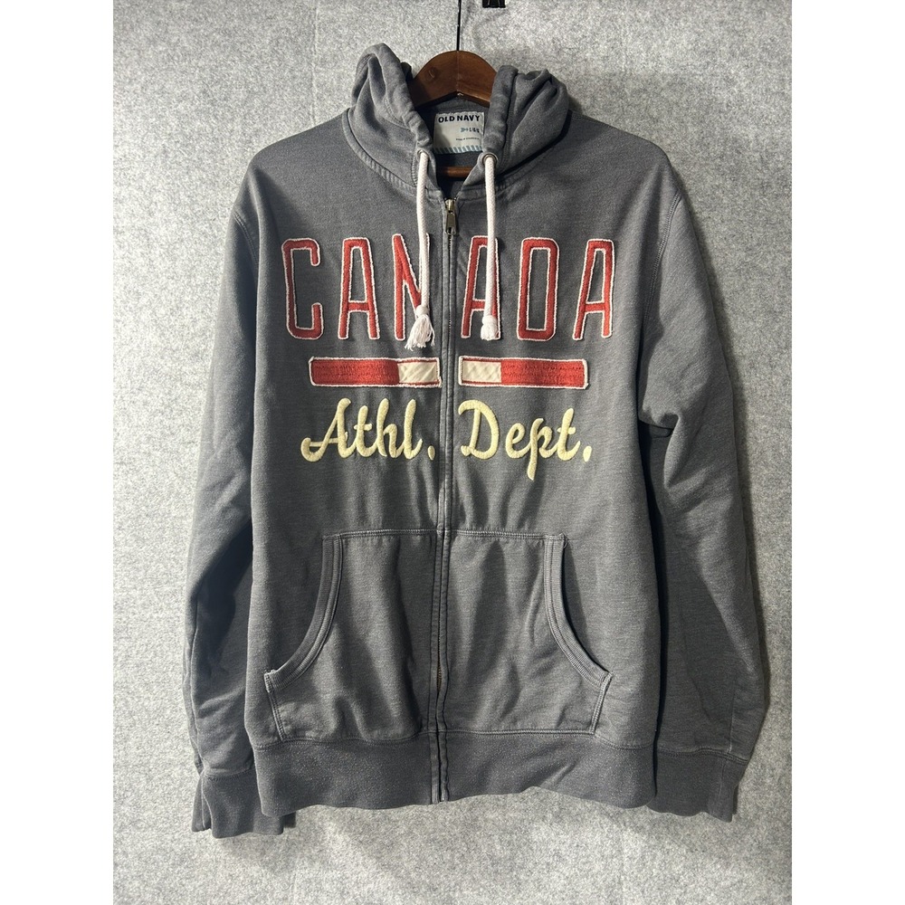 VTG Old Navy Canada Full Zip Hoodie Large Gray Patches Logo Sweatshirt Y2K 90s